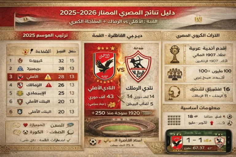 نتائج الدوري المصري الممتاز ترتيب الأهلي والزمالك وديربي القاهرة