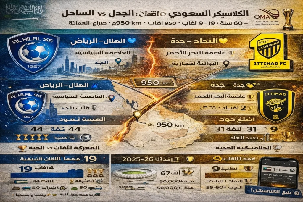 دليل الكلاسيكو السعودي الكامل - الهلال (19 لقباً) ضد الاتحاد (9 ألقاب، بطل 2024-25). العاصمة ضد الساحل، الزعيم ضد العميد، التاريخ والمواجهات المباشرة.