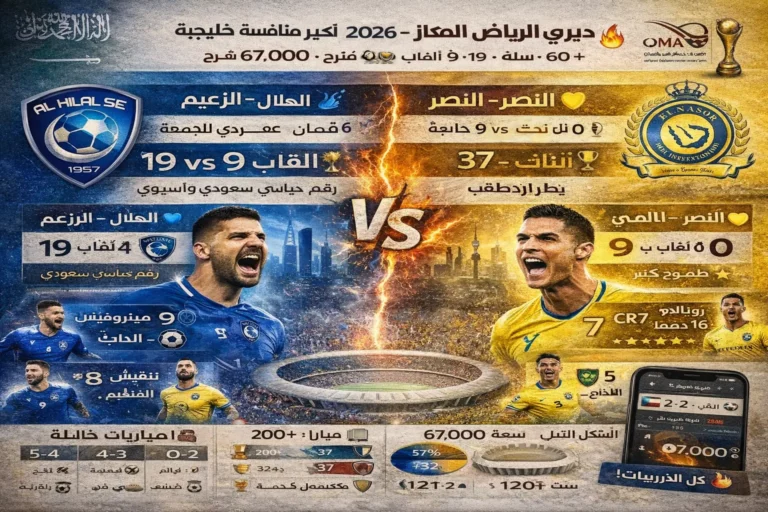 دليل ديربي الرياض الكامل - الهلال (19 لقباً) ضد النصر (9 ألقاب + رونالدو). التاريخ، المواجهات المباشرة، الأجواء، النجوم، ولماذا هو أكبر ديربي خليجي 2026.